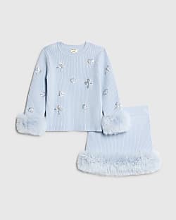 Mini Girls Blue Sequin Fur Sweatshirt Set
