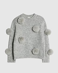 Girls Grey Pom Pom Jumper