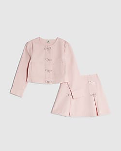 Girls Pink Denim Diamante Bow Skirt Set