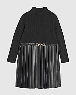 Mini Girls Black Faux Leather Pleated Dress