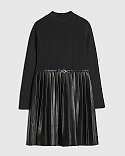 Girls Black Faux Leather Pleated Dress