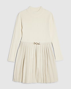 Girls Cream Faux Leather Pleated Dress