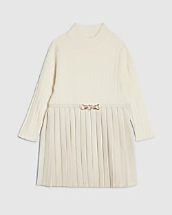 Mini Girls Cream Faux Leather Pleated Dress