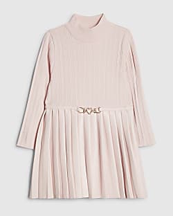 Mini Girls Pink Faux Leather Pleated Dress