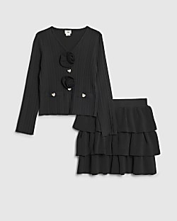 Girls Black Corsage Cardigan Set