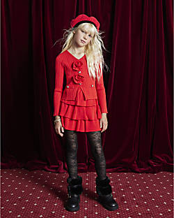 Girls Red Corsage Cardigan Set
