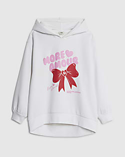 Girls White Longline Hooded RI Bow Sweatshirt