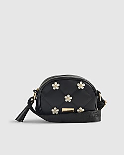 Girls Black Pearl Floral Curve Cross Body Bag