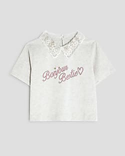 Girls Grey Embellished Collar T-Shirt