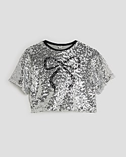 Girls Silver Sequin Bow Cropped Top
