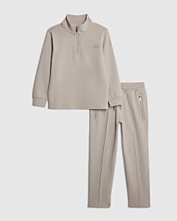 Boys Beige Zip Funnel Neck Top Set