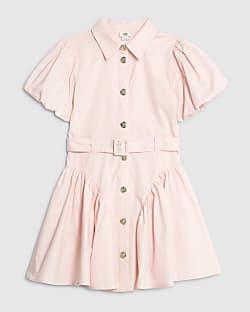 Girls Pink Puff Sleeve Shirt Dress