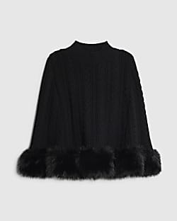 Girls Black Knitted Fur Trim Cape