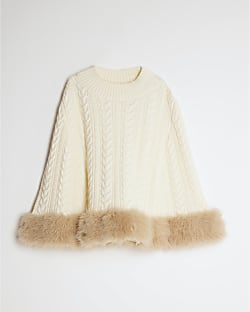 Girls Cream Knitted Fur Trim Cape