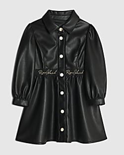 Mini Girls Black Faux Leather Shirt Dress