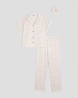 Girls Cream Ditsy Bow Satin Pyjama Set