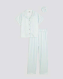 Girls Blue Striped Satin Pyjama Set
