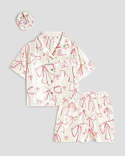 Girls Cream Bow Satin Pyjama set