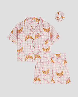 Girls Pink Gingham Croissant Pyjamas Set