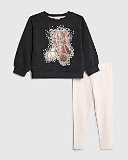 Mini Girls Black Sequin Bear Sweatshirt Set