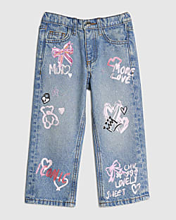 Mini Girls Blue Love Graffiti Straight Jeans