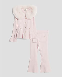 Mini Girls Pink Faux Fur Collar Cardigan Set