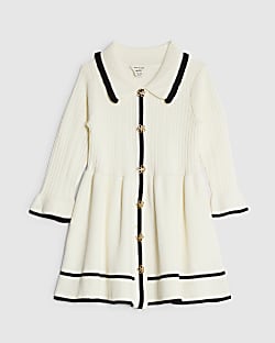 Mini Girls Cream Collared Tipped Skater Dress
