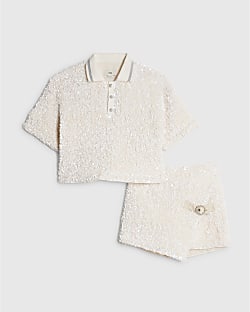 Girls Cream Sequin Polo Top And Skort Set