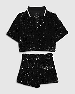 Girls Black Sequin Polo Shirt And Skort Set