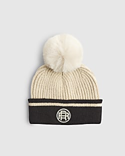 Mini Boys Beige Colour Blocked Beanie Hat