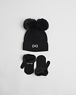 Mini Girls Black Beanie and Mittens Set