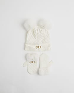 Mini Girls Cream Beanie and Mittens Set