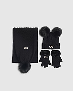 Girls Black Beanie hat and scarf set