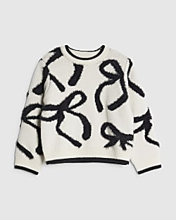 Mini Girls Cream Fluffy Bow Jumper