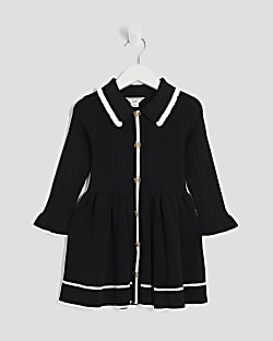 Mini Girls Black Collared Tipped Flippy Dress