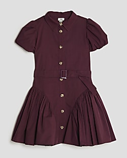 Girls Purple Puff Sleeve Prom Shirt Dress