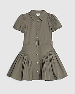Girls Khaki Puff Sleeve Prom Shirt Dress