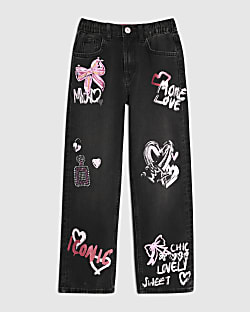 Girls Black Love Graffiti Straight Jeans