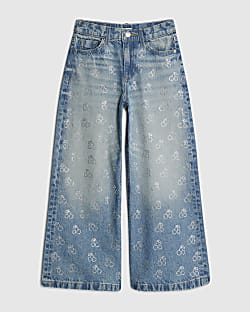 Girls Blue Cherry Diamante Wide Leg Jeans