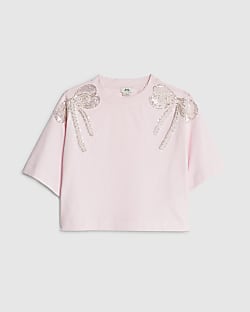 Girls Pink Embellished Bow Top