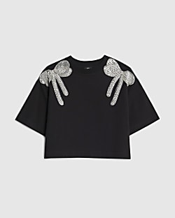 Girls Black Embellished Bow Top