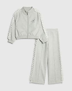 Girls Grey Bow Side Ruffle Sweatshirt Set