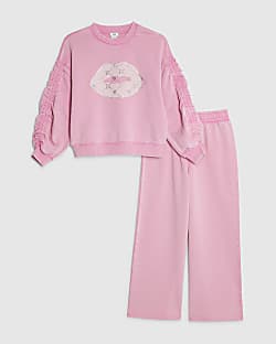 Girls Pink Washed Lips Sweatshirt Set