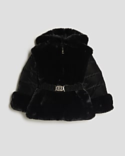 Mini Girls Black Belted Faux Fur Padded Coat