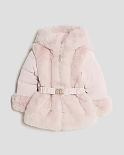 Mini Girls Pink Belted Faux Fur Padded Coat