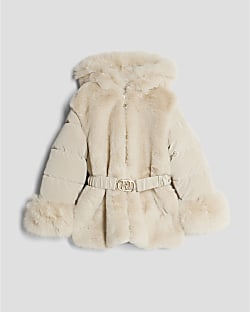 Girls Cream Belted Faux Fur Padded Coat