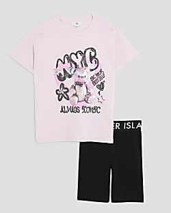 Girls Pink Print T-Shirt & Cycle Shorts Set