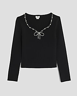 Girls Black Pearl Embellished Long Sleeve Top