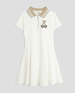 Girls Cream Ribbed Leopard Cherry Polo Dress