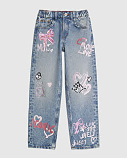 Girls Blue Love Graffiti Straight Jeans